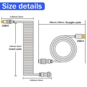 Nysivy Custom Coiled USB C to A Cable with Detachable Double Sleeved Spiral Cable Extendable Spring Line Metal Aviator for Playstation, Mechanical Gaming Keyboards,Game Console, Printer and Cellphone