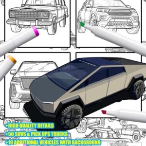 OFF ROAD SUVS & PICK UP TRUCKS Coloring art Book with 50+ Vehicles Relaxation Coloring Pages for Adults & Kids, Boys & Girls, Car Lovers (Fantastic details)