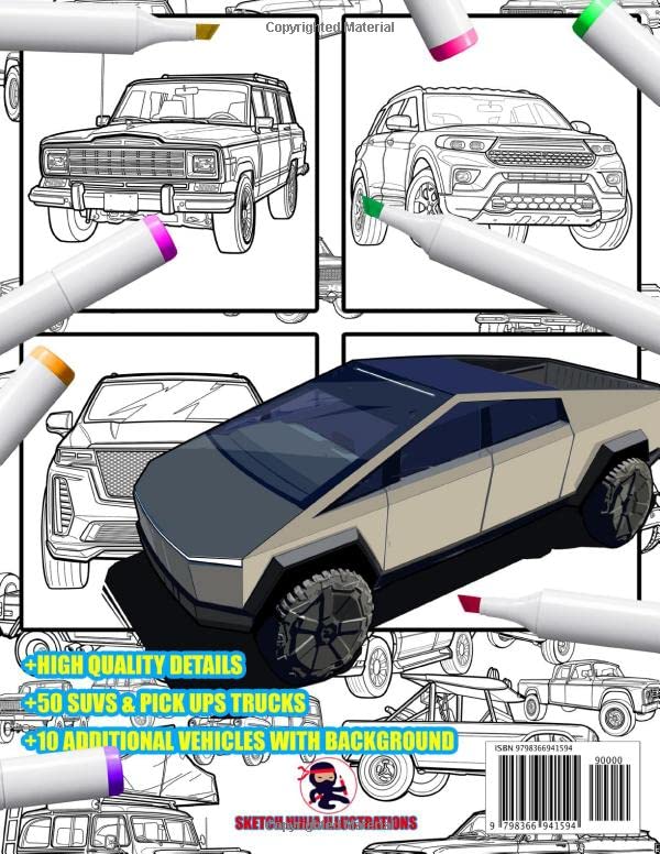 OFF ROAD SUVS & PICK UP TRUCKS Coloring art Book with 50+ Vehicles Relaxation Coloring Pages for Adults & Kids, Boys & Girls, Car Lovers (Fantastic details)