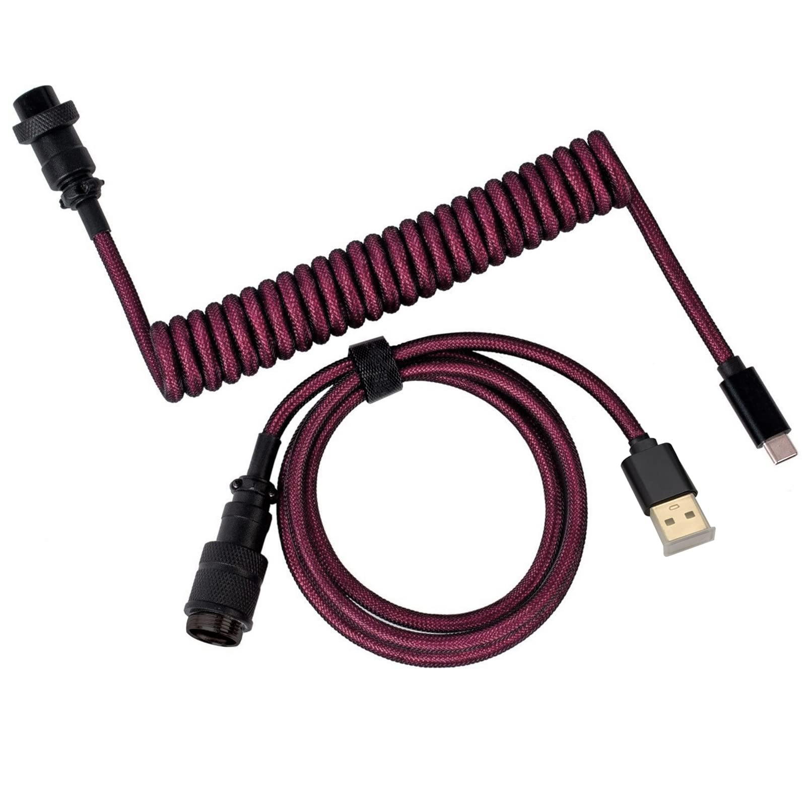 Nysivy Custom Coiled USB C to A Cable with Detachable Double Sleeved Spiral Cable Extendable Spring Line Metal Aviator for Playstation, Mechanical Gaming Keyboards,Game Console, Printer and Cellphone