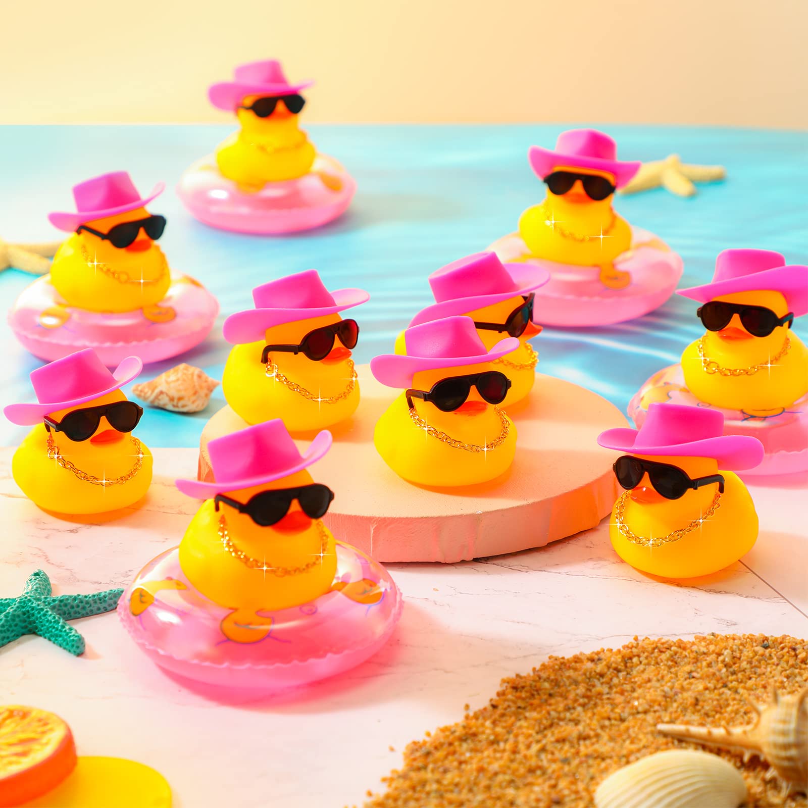 Sosation Cowboy Rubber Duck Bulk Mini Car Yellow Duckies Bath Toys Party Favor with Mini Hat Swim Circle Necklace Sunglasses Car Ornaments for Summer Birthday Swimming Supplies (Classic Style, 12 Pcs)