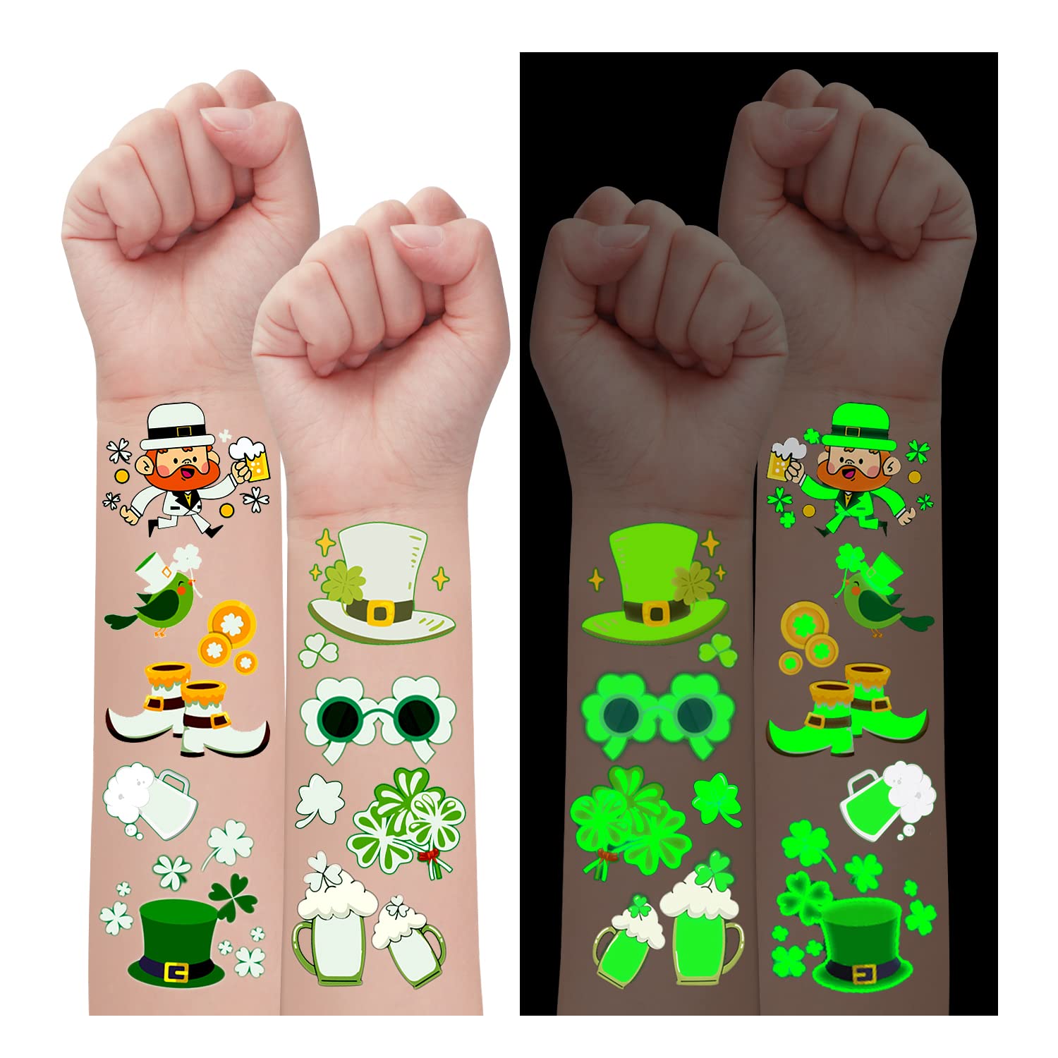 Partywind 200 Styles (10 Sheets) Glow St Patrick's Day Kids Temporary Tattoos, Saint Patricks Day Decorations Party Supplies Favors, Irish Tattoo Stickers with Shamrock for Kids