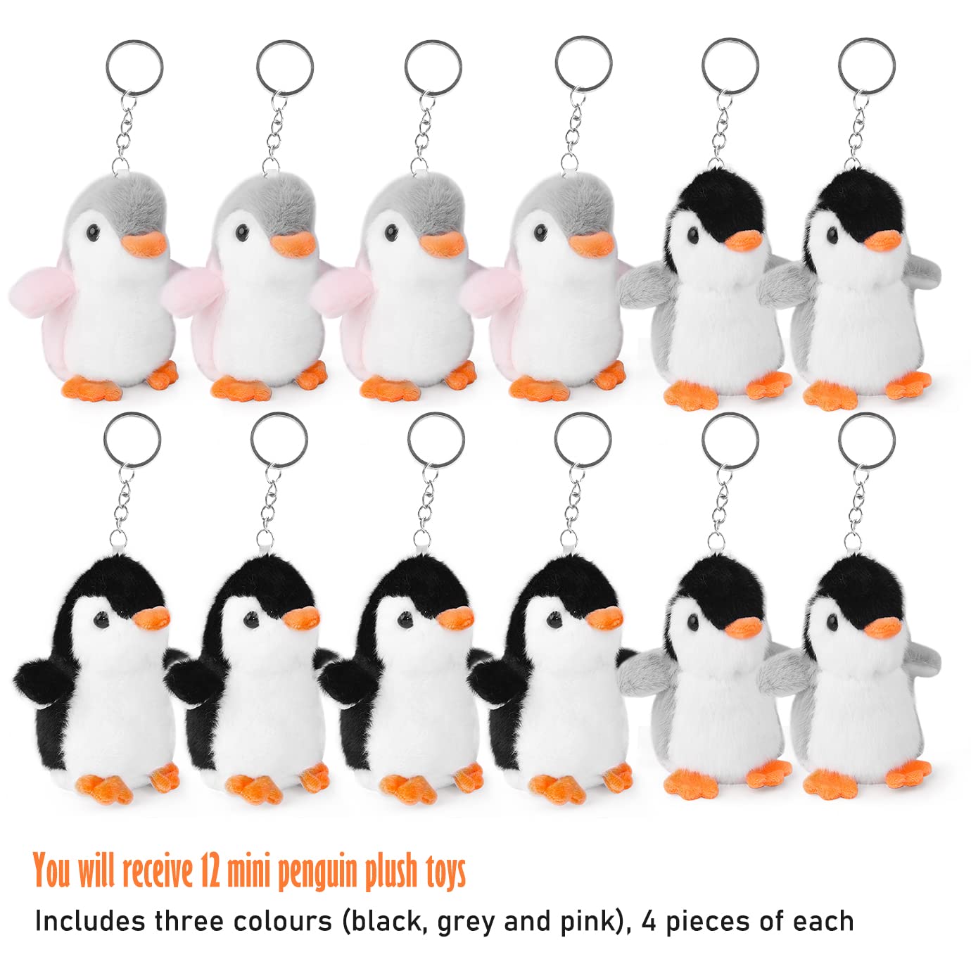 WXJ13 12 Pieces Mini Stuffed Animal Penguin Plush 4.3 Inch Small Penguin Stuffed Tiny Cute Hanging Plush Penguin for Party Favors Decorations Keychain Bag Decor(Black,Grey,Pink)