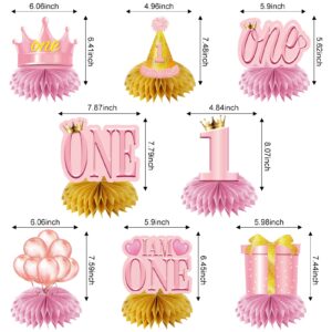 8Pcs 1st Birthday Decorations Honeycomb Centerpieces for Baby Girls, Pink Rose Gold I Am One Happy First Birthday Table Centerpieces Party Supplies, One Year Old Bday Table Toppers Decor