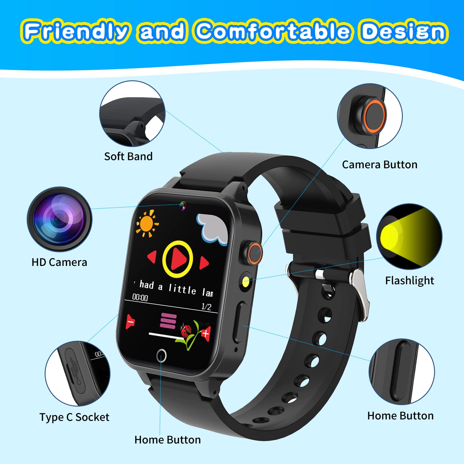 Cosjoype Smart Watch for Kids with 26 Puzzle Games HD Touchscreen Camera Video Music Player Habit Tracking Pedometer Alarm Flashlight 12/24 hr Educational Toys Birthday Gift for Girls Boys Ages 8 9 10