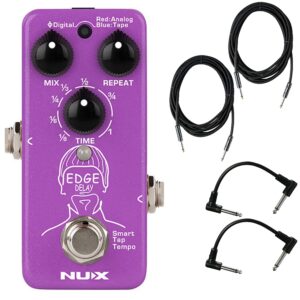 nux edge delay guitar effects pedal bundle with 2 instrument cables and 2 patch cables