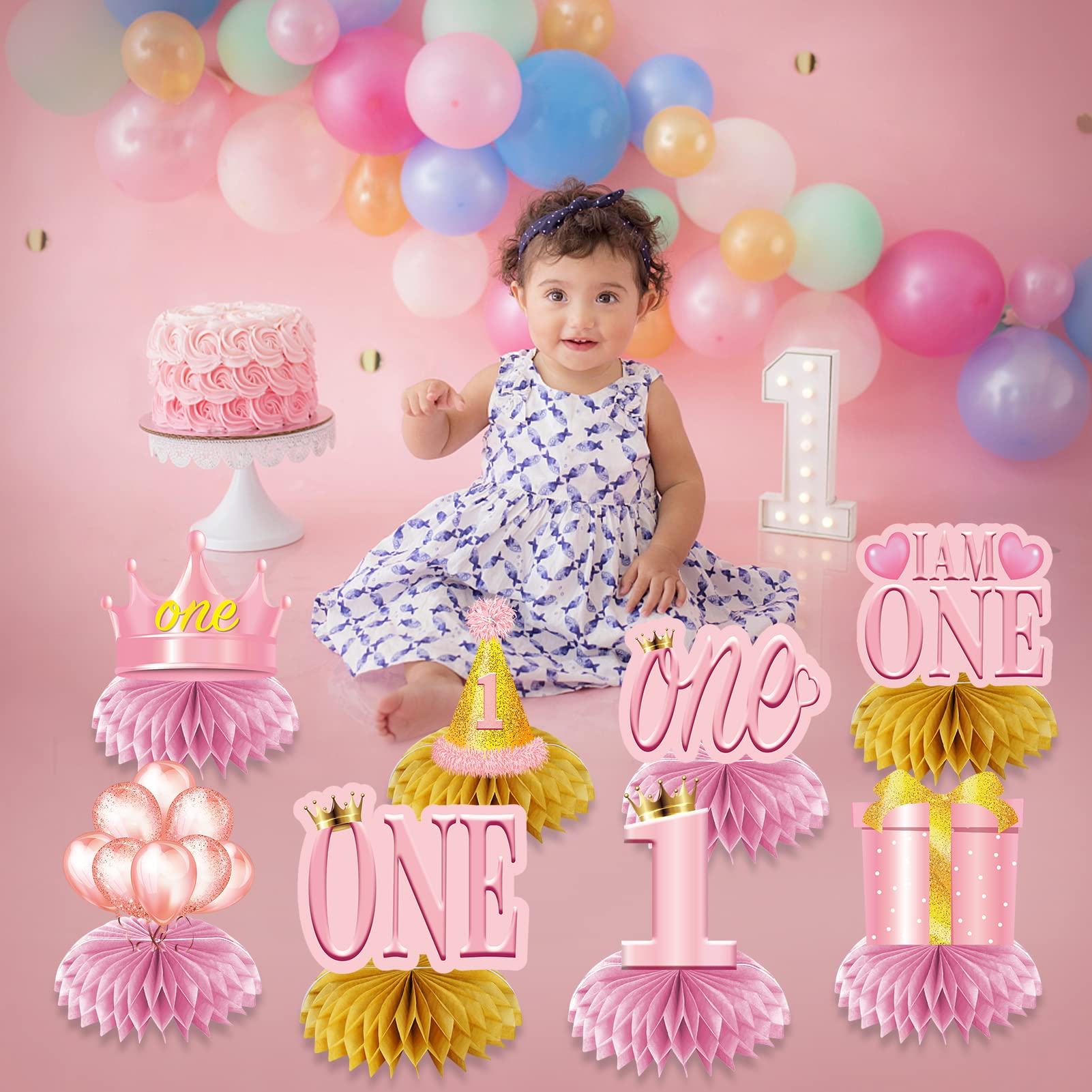 8Pcs 1st Birthday Decorations Honeycomb Centerpieces for Baby Girls, Pink Rose Gold I Am One Happy First Birthday Table Centerpieces Party Supplies, One Year Old Bday Table Toppers Decor