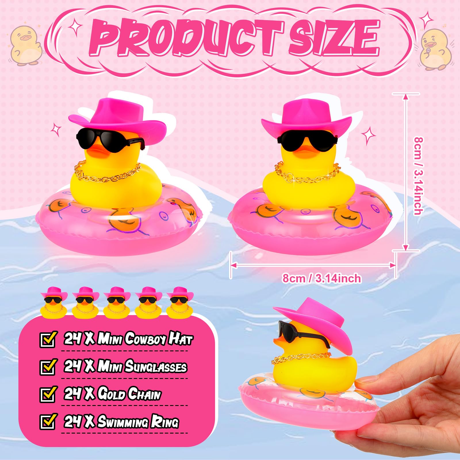 Sosation Cowboy Rubber Duck Bulk Mini Car Yellow Duckies Bath Toys Party Favor with Mini Hat Swim Circle Necklace Sunglasses Car Ornaments for Summer Birthday Swimming Supplies (Classic Style, 12 Pcs)