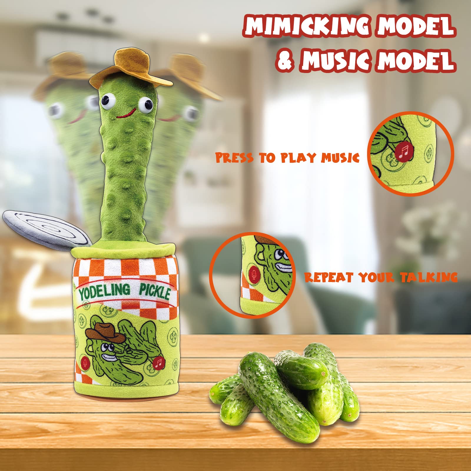 Yodeling Pickle, Talking Yodeling Toy Repeats What You Say, Singing Pickle Plush Toys - Rechargeable Twisted Mimicking Toy Singing Dance, Funny Prank Novelty Gag Gift for Adults & Kids