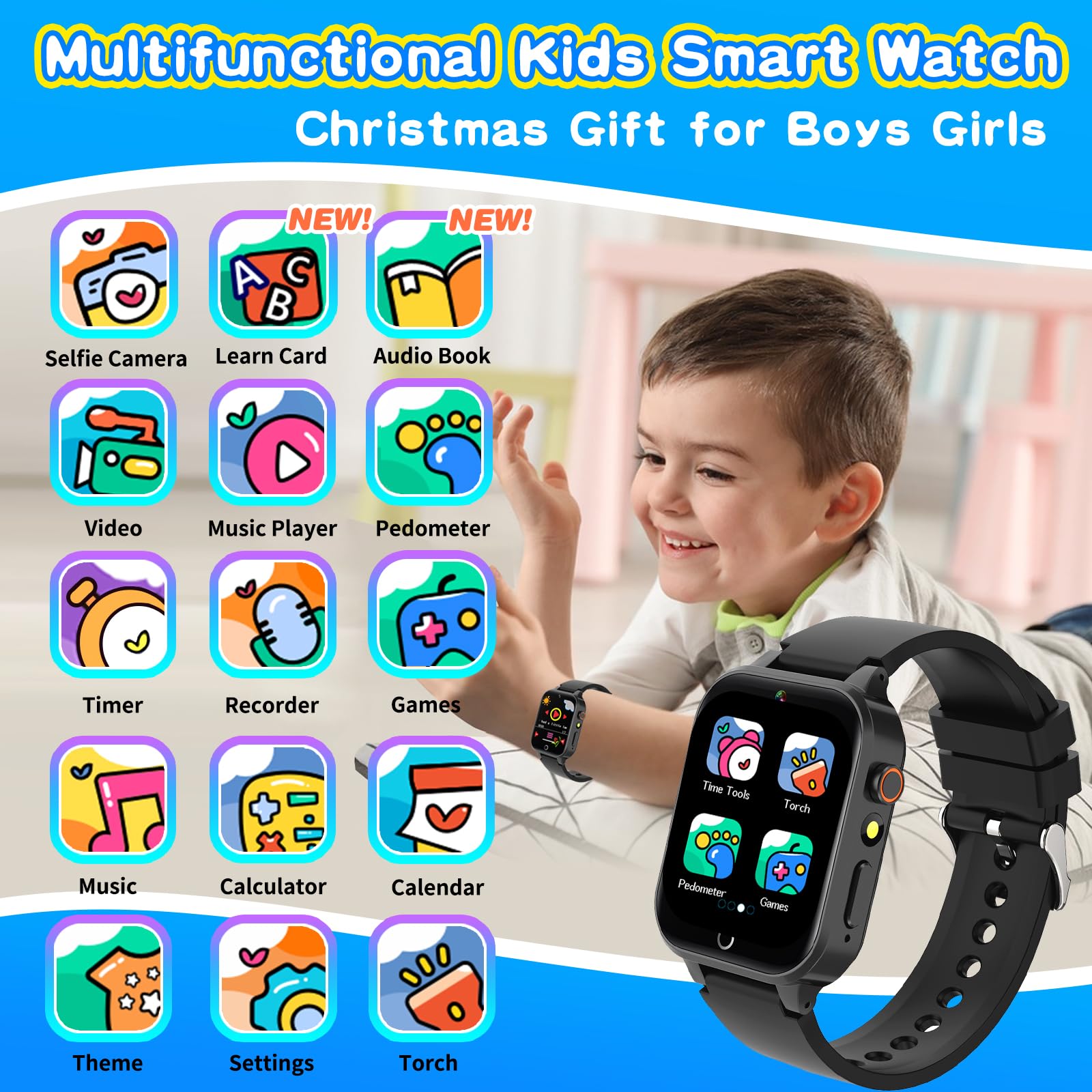 Cosjoype Smart Watch for Kids with 26 Puzzle Games HD Touchscreen Camera Video Music Player Habit Tracking Pedometer Alarm Flashlight 12/24 hr Educational Toys Birthday Gift for Girls Boys Ages 8 9 10