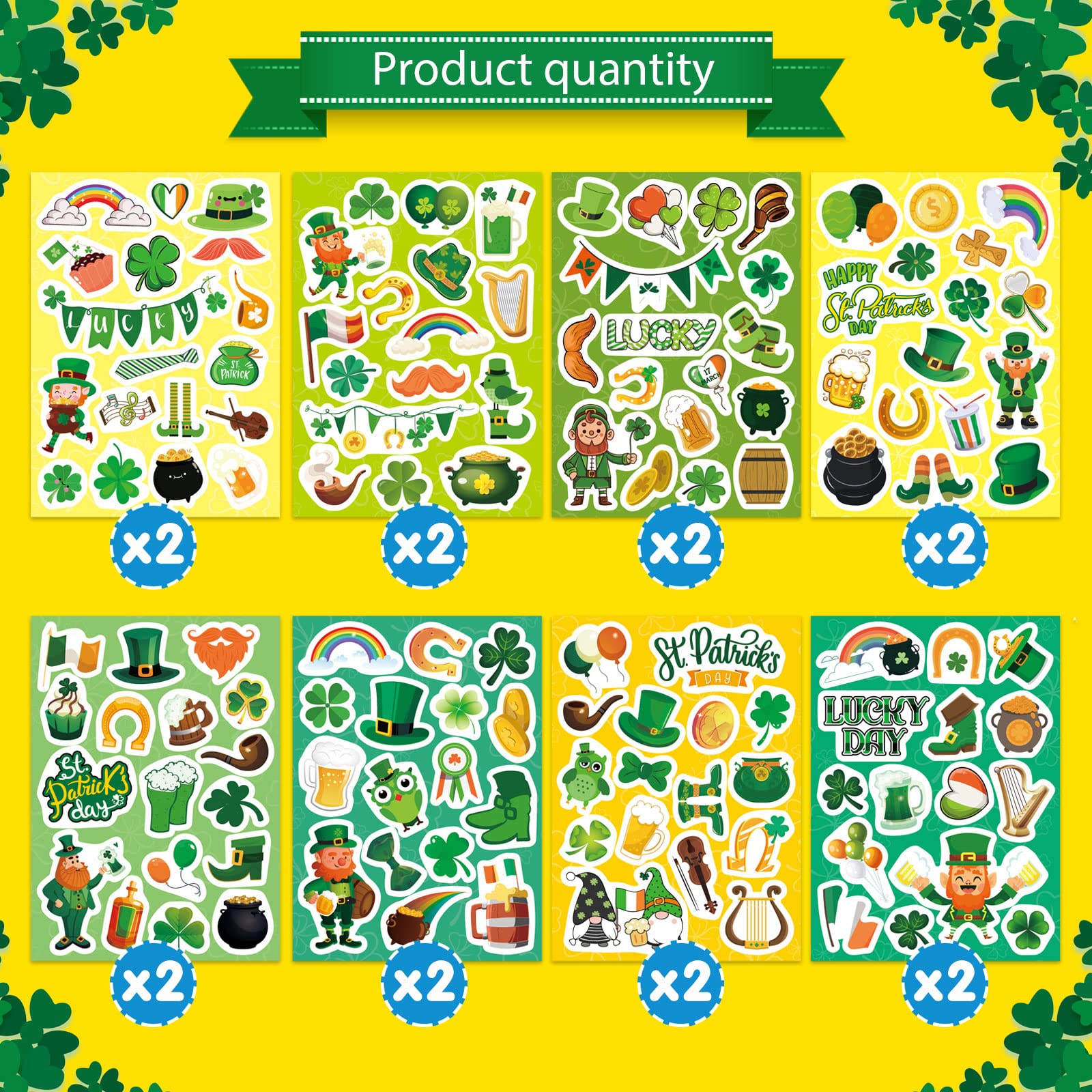 16 Sheets St. Patrick’s Day Theme Stickers for Kids-Lucky Shamrock Clover Hat Irish Day Party Favors Supplies Gifts for Boys and Girls