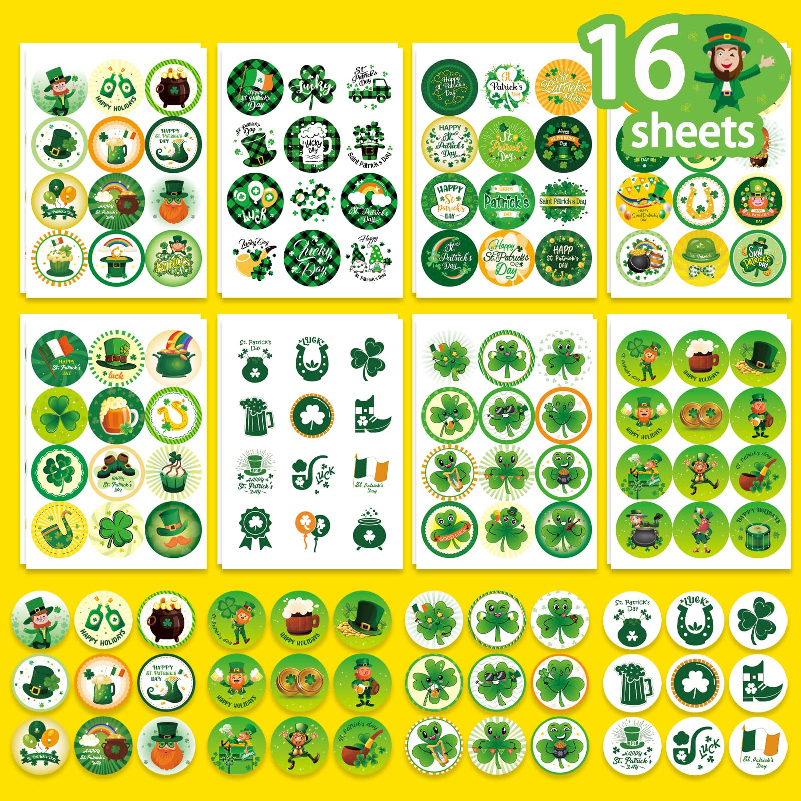 192PCS St.Patrick's Day Stickers Lucky Shamrock Clover Hat Irish Day Themed Sticker,Reward Stickers Kids Self-Adhesive Seals Labels Kids St.Patrick's Day Party Game Activities Favors Supplies Gifts