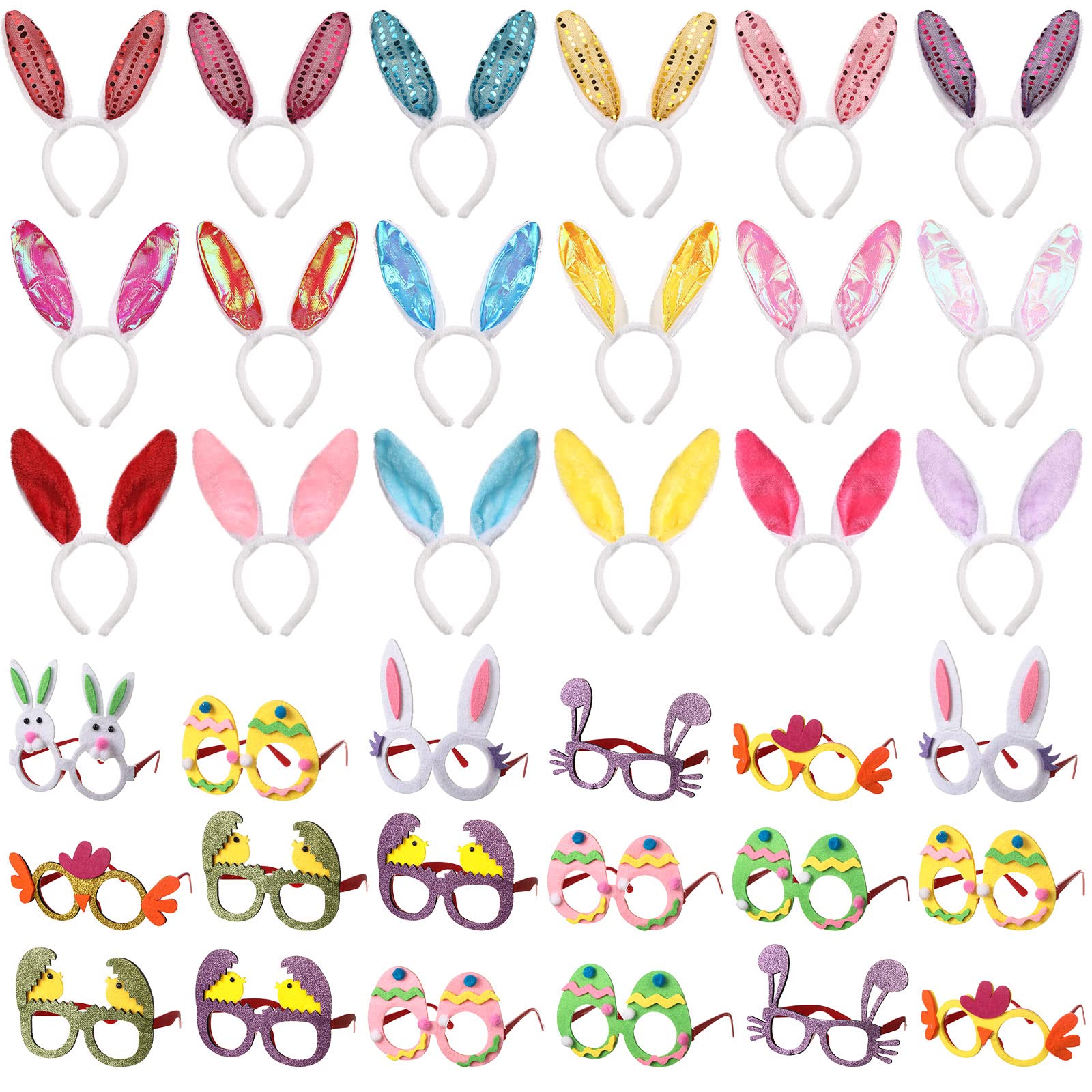 36 Pcs Easter Bunny Ears Headbands and Easter Party Eye Glasses Bunny Party Favors Plush Rabbit Ears Funny Chick Eggs Glasses Eyewear for Teens Adult Easter Birthday Bunny Party Supplies Decorations