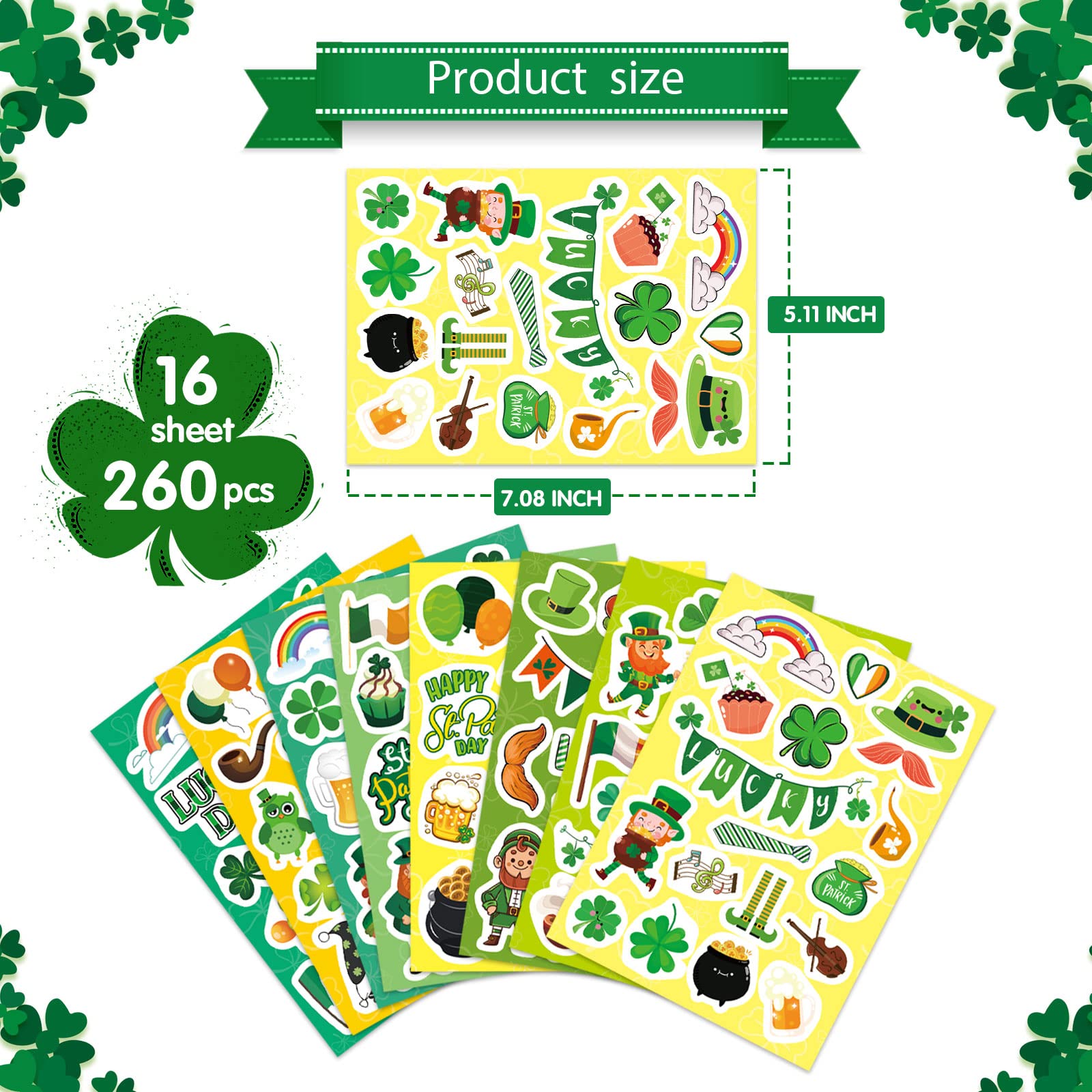 16 Sheets St. Patrick’s Day Theme Stickers for Kids-Lucky Shamrock Clover Hat Irish Day Party Favors Supplies Gifts for Boys and Girls