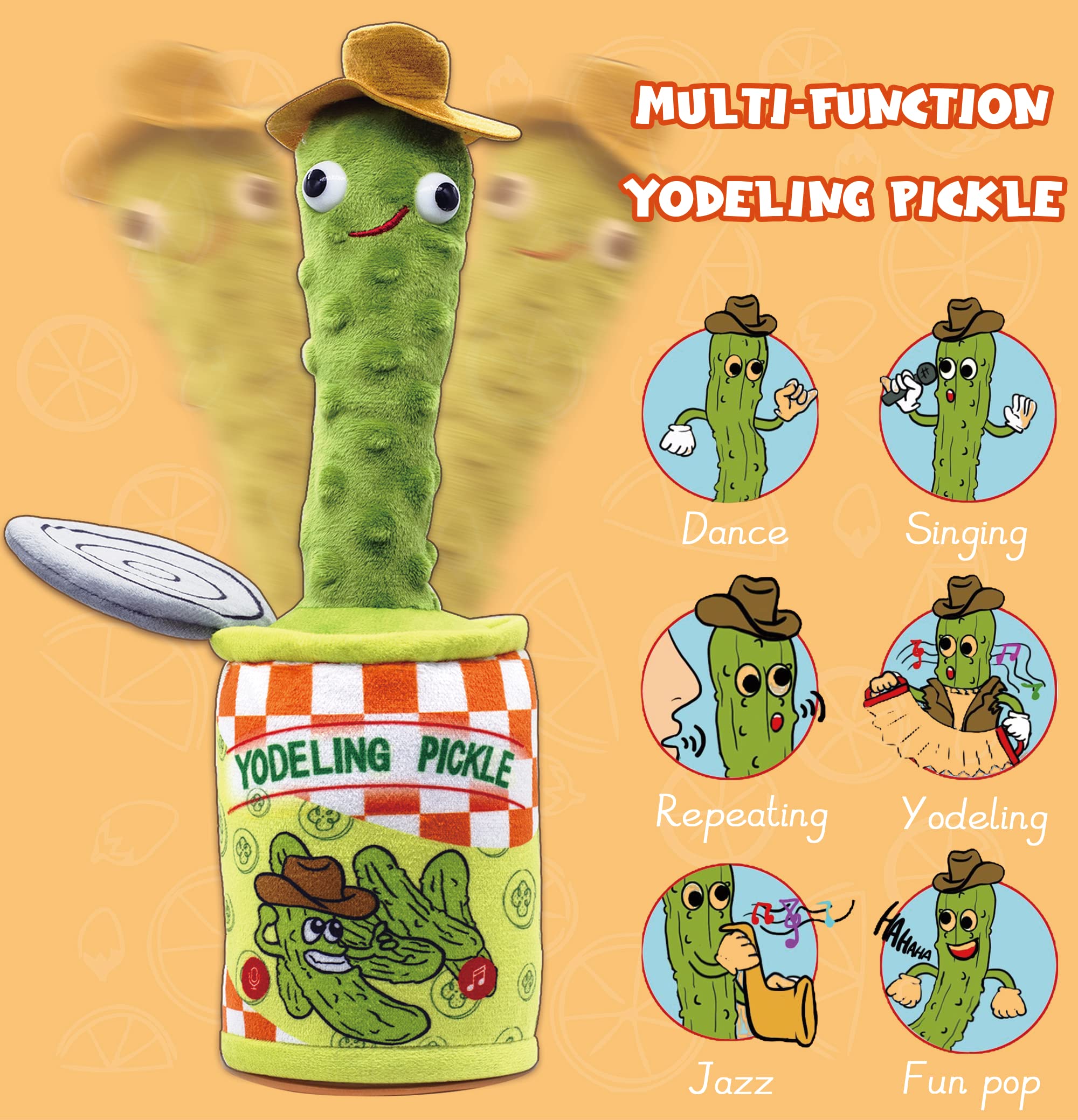 Yodeling Pickle, Talking Yodeling Toy Repeats What You Say, Singing Pickle Plush Toys - Rechargeable Twisted Mimicking Toy Singing Dance, Funny Prank Novelty Gag Gift for Adults & Kids