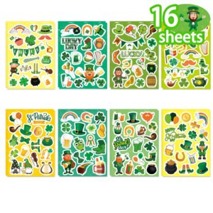 16 sheets st. patrick’s day theme stickers for kids-lucky shamrock clover hat irish day party favors supplies gifts for boys and girls