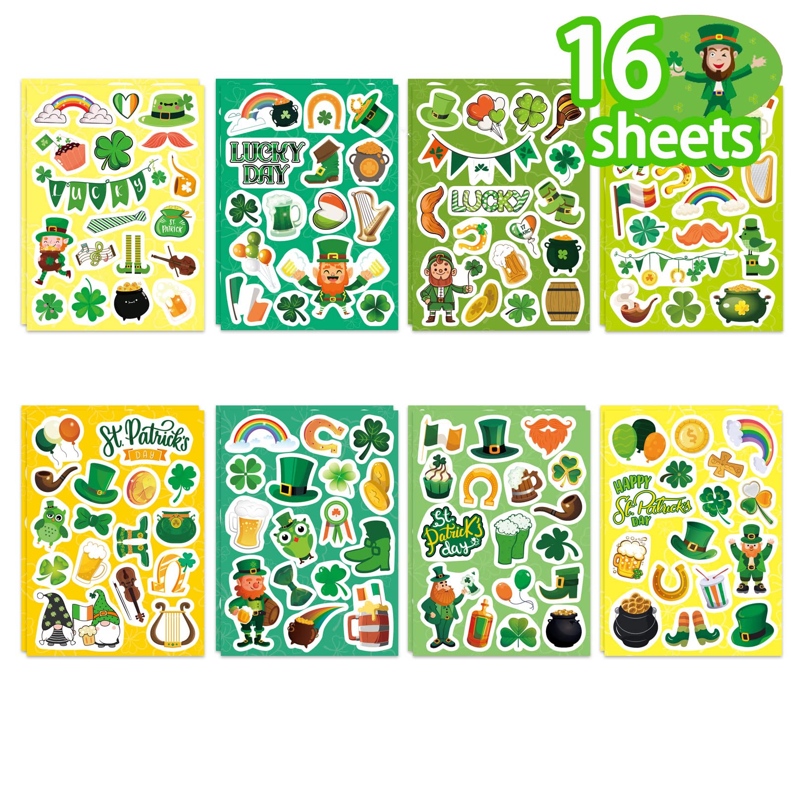 16 Sheets St. Patrick’s Day Theme Stickers for Kids-Lucky Shamrock Clover Hat Irish Day Party Favors Supplies Gifts for Boys and Girls