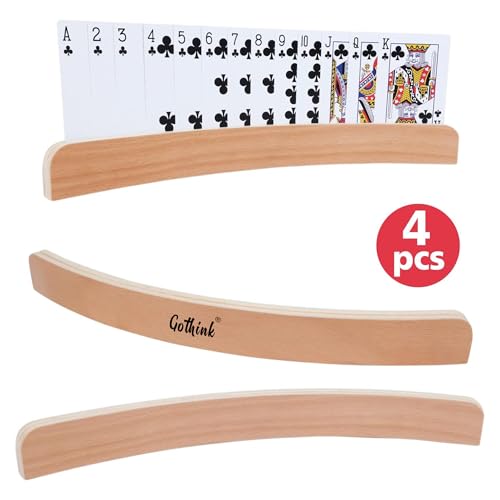 GOTHINK Set of 4 - Wood Curved Playing Card Holder for Kids Adult Seniors Solid Wood Cards Holders for Playing Cards 13.4 x1.4 x 0.5 Inch Non Slip Card Deck for Bridge Canasta Strategy Card Games