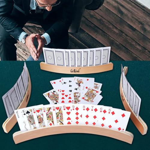 GOTHINK Set of 4 - Wood Curved Playing Card Holder for Kids Adult Seniors Solid Wood Cards Holders for Playing Cards 13.4 x1.4 x 0.5 Inch Non Slip Card Deck for Bridge Canasta Strategy Card Games