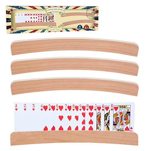 GOTHINK Set of 4 - Wood Curved Playing Card Holder for Kids Adult Seniors Solid Wood Cards Holders for Playing Cards 13.4 x1.4 x 0.5 Inch Non Slip Card Deck for Bridge Canasta Strategy Card Games