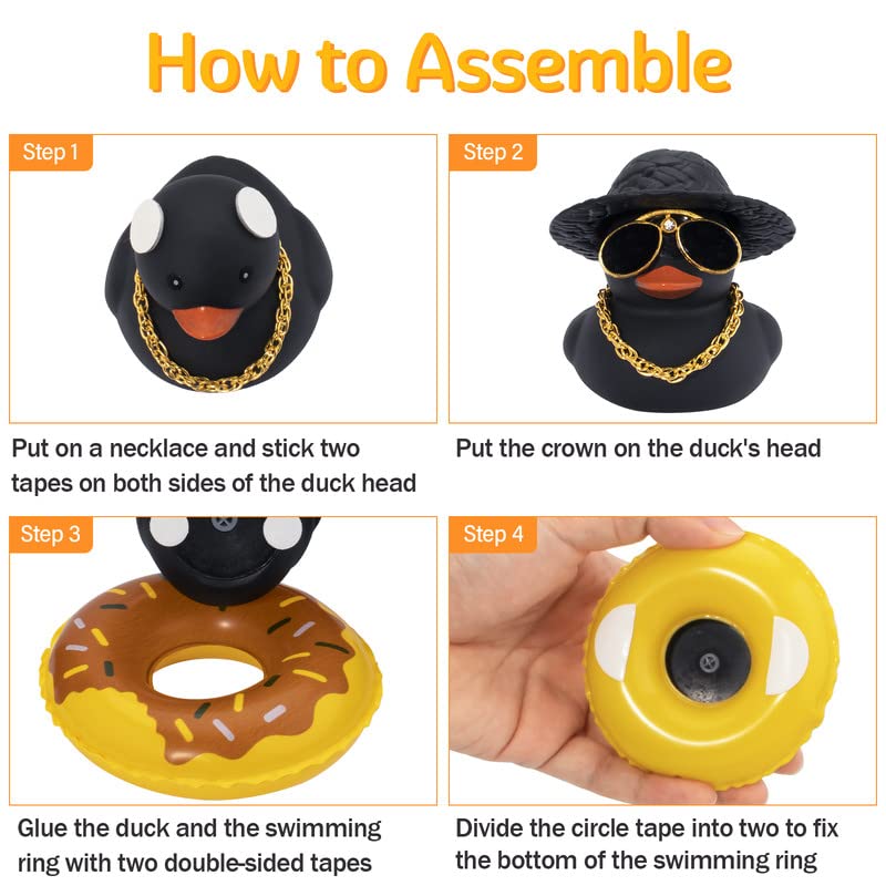 wonuu Car Duck Ornament Dashboard Decorations Rubber Duck Car for Car Dashboard Accessories with Swim Ring Sunglasses Hat and Necklace, A_Black Duck