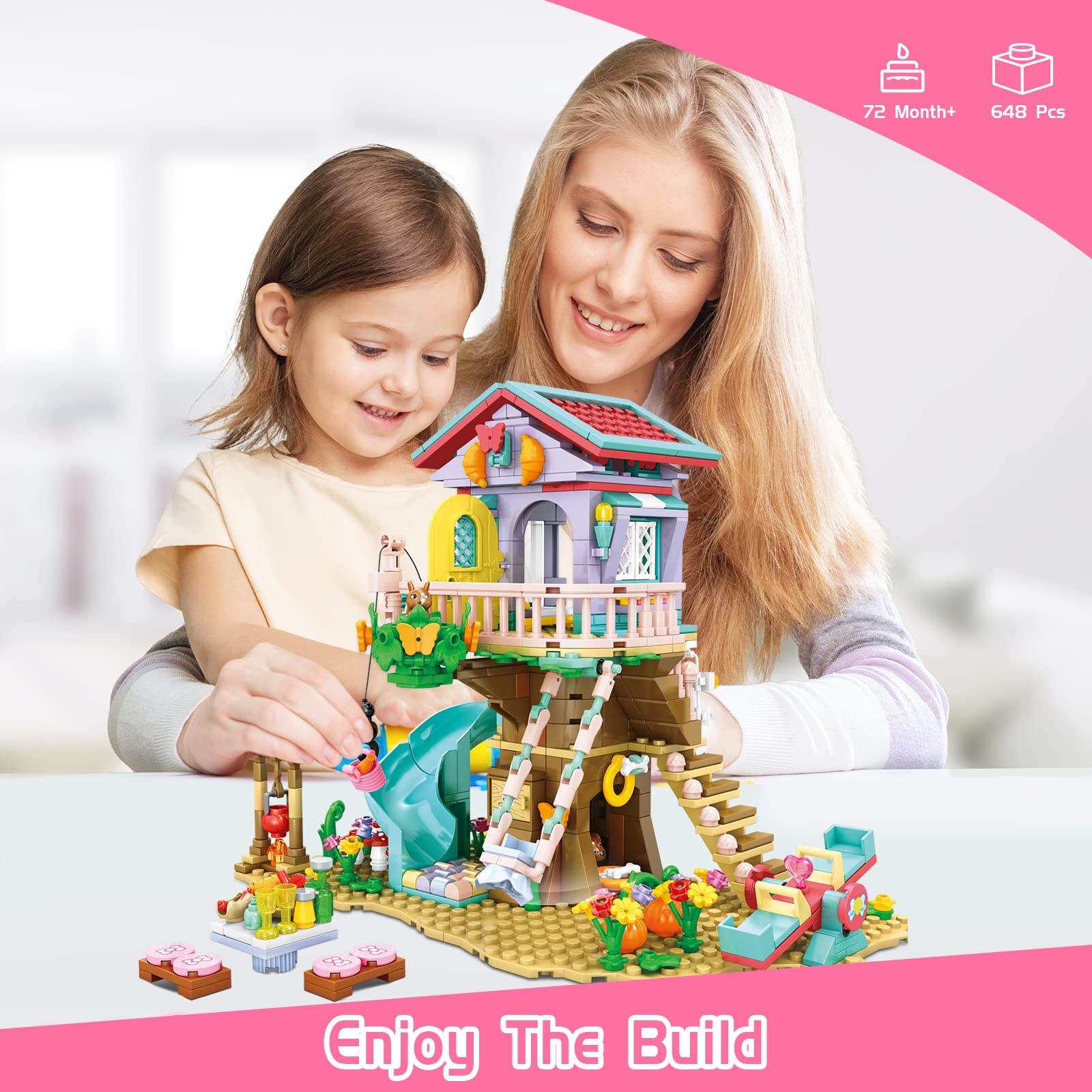 QLT Tree House Building Set with Light Kit - Compatible with Lego Flowers Friends Friendship Treehouse Building Kit, Creative Forest Toy with a House Construction Set Gift for Kids(648PCS)