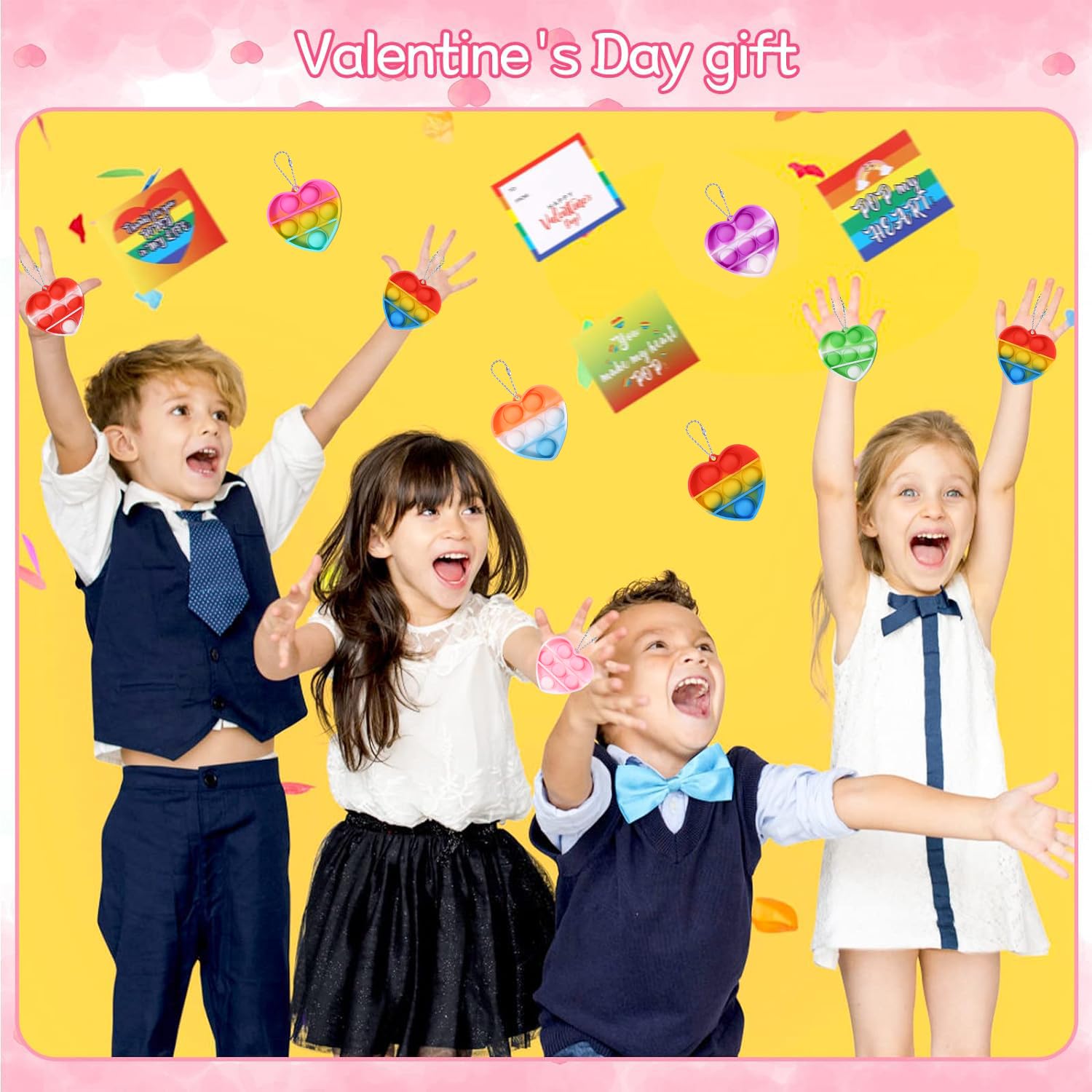 Valentines Day Gifts for Kids Classroom Prizes- 30 Pack Heart Sensory Pop Toys with Valentines Cards for Kids School, Bulk Fidget Toys Party Favors Goodie Bag Stuffer Pinata Fillers Set for Girls Boys