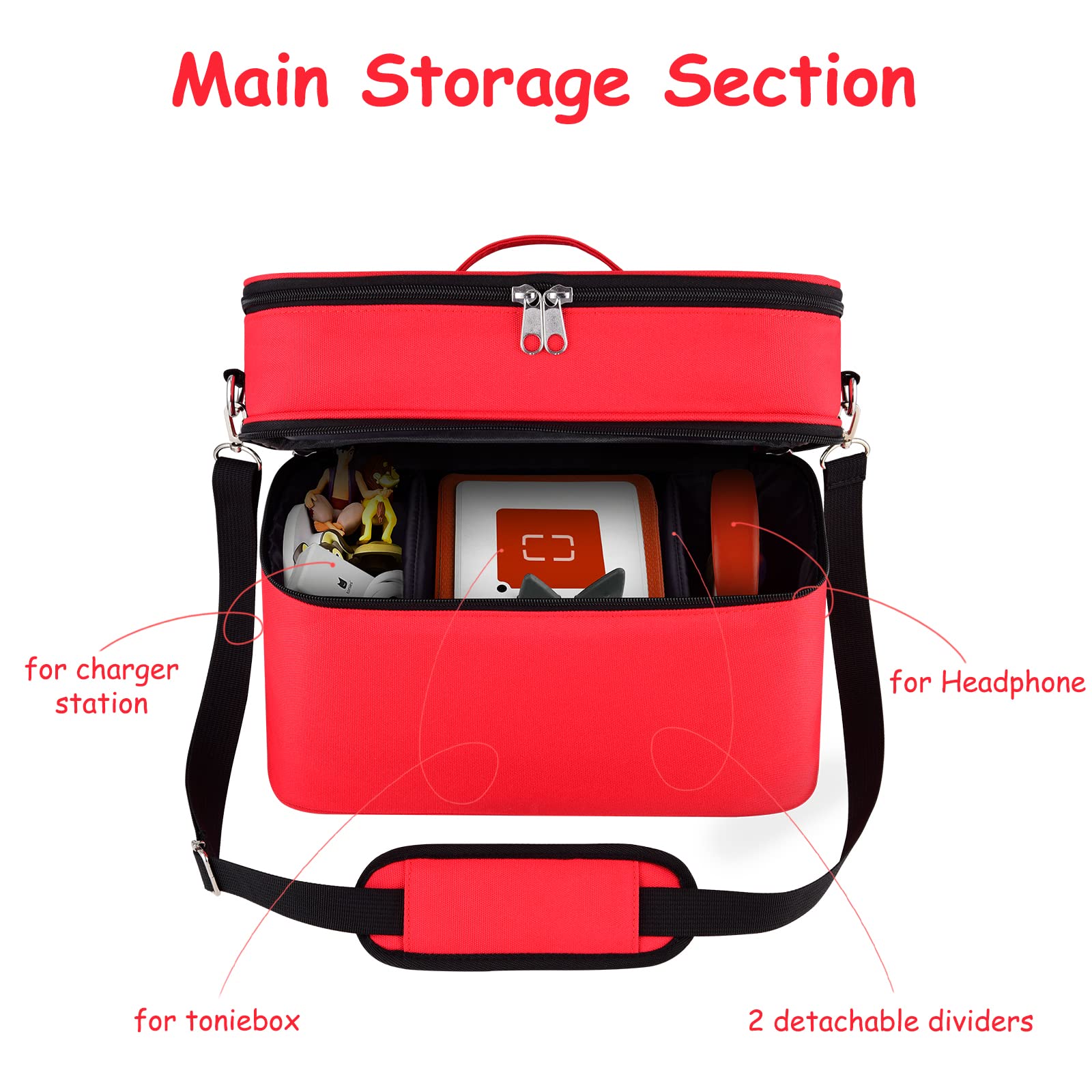 Bevegekos Carrying Storage Travel Bag for Toniebox/Storypods Accessories, for Tonie Figures, Charging Station & Headphone, Case Only (Large, Red)