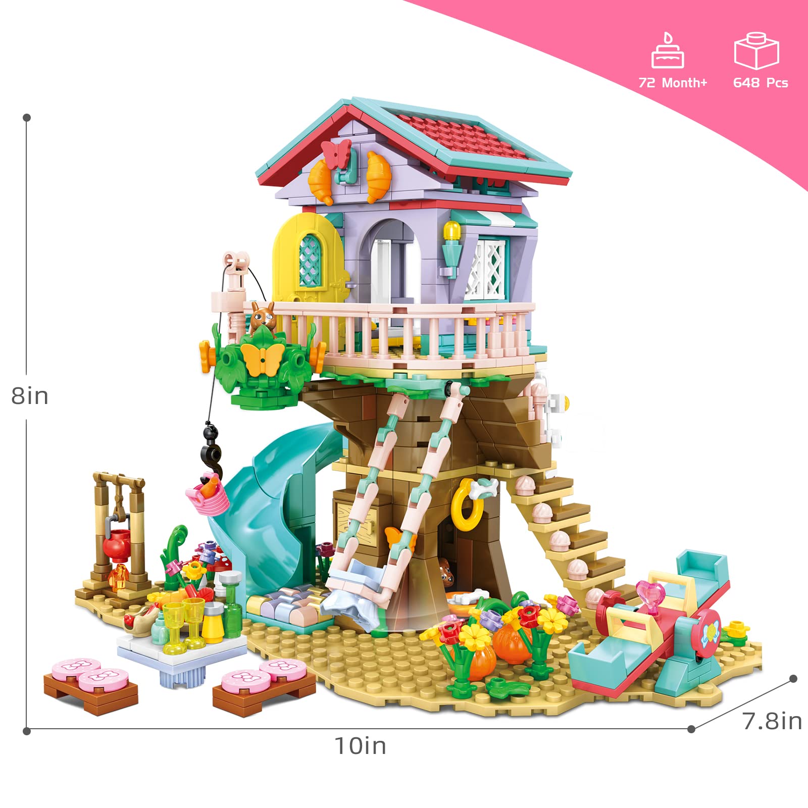 QLT Tree House Building Set with Light Kit - Compatible with Lego Flowers Friends Friendship Treehouse Building Kit, Creative Forest Toy with a House Construction Set Gift for Kids(648PCS)