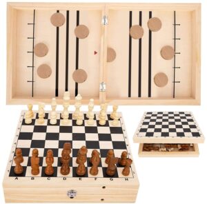 sling puck game, chess game set, fast sling puck game with chess game, 2 in 1 board game set, large size 22.7 in x 12.5 in, wooden hockey table game