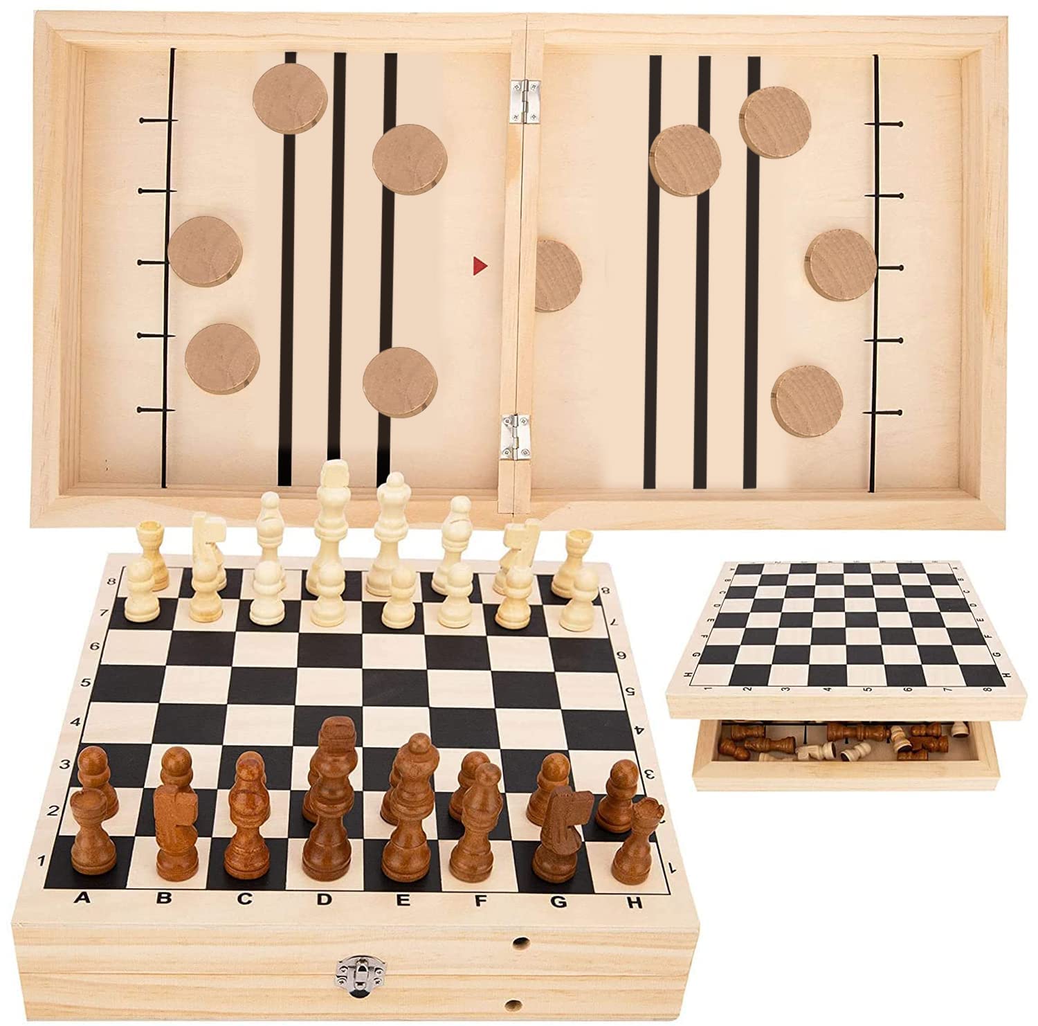 Sling Puck Game, Chess Game Set, Fast Sling Puck Game with Chess Game, 2 in 1 Board Game Set, Large Size 22.7 in x 12.5 in, Wooden Hockey Table Game