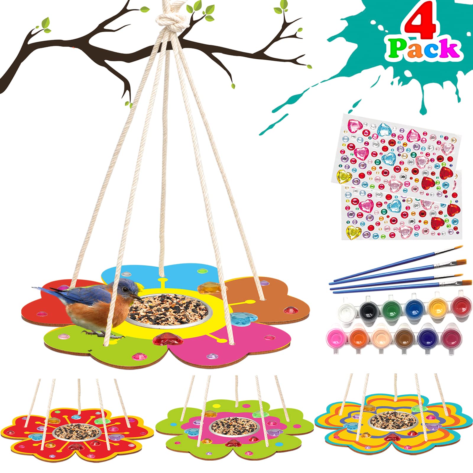 YOYOJOY 4 Pack Arts and Crafts Bird Feeders Kit for Kids, DIY Kids Crafts for Boys Girls Toddlers 3 4 6 8 12, Wooden Painting Craft Kits Outdoor Activities