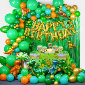 HJINGY Dinosaur Party Decorations, Dinosaur Birthday Party Supplies for kids Include Dinosaur Foil Balloons, HAPPY BIRTHDAY Banner, Cake Toppers, Plates, Napkins, Curtains&Customized Tablecloth