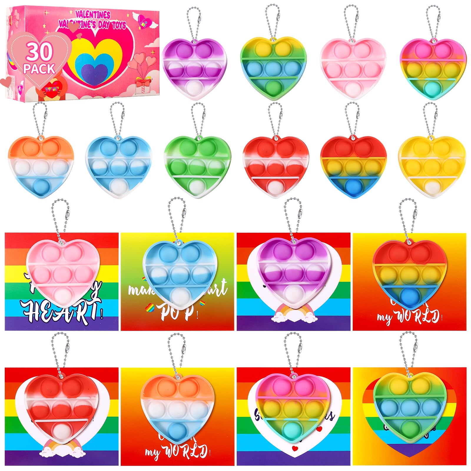 Valentines Day Gifts for Kids Classroom Prizes- 30 Pack Heart Sensory Pop Toys with Valentines Cards for Kids School, Bulk Fidget Toys Party Favors Goodie Bag Stuffer Pinata Fillers Set for Girls Boys