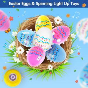 VATOS Plastic Cute Easter Eggs Spinning Tops & Light Up Eggs Toys - 6 Pack Lighting & Spinning Tops & Singing Musical Easter Party Fovors, Easter Gifts Spinning Tops for Kids 3+