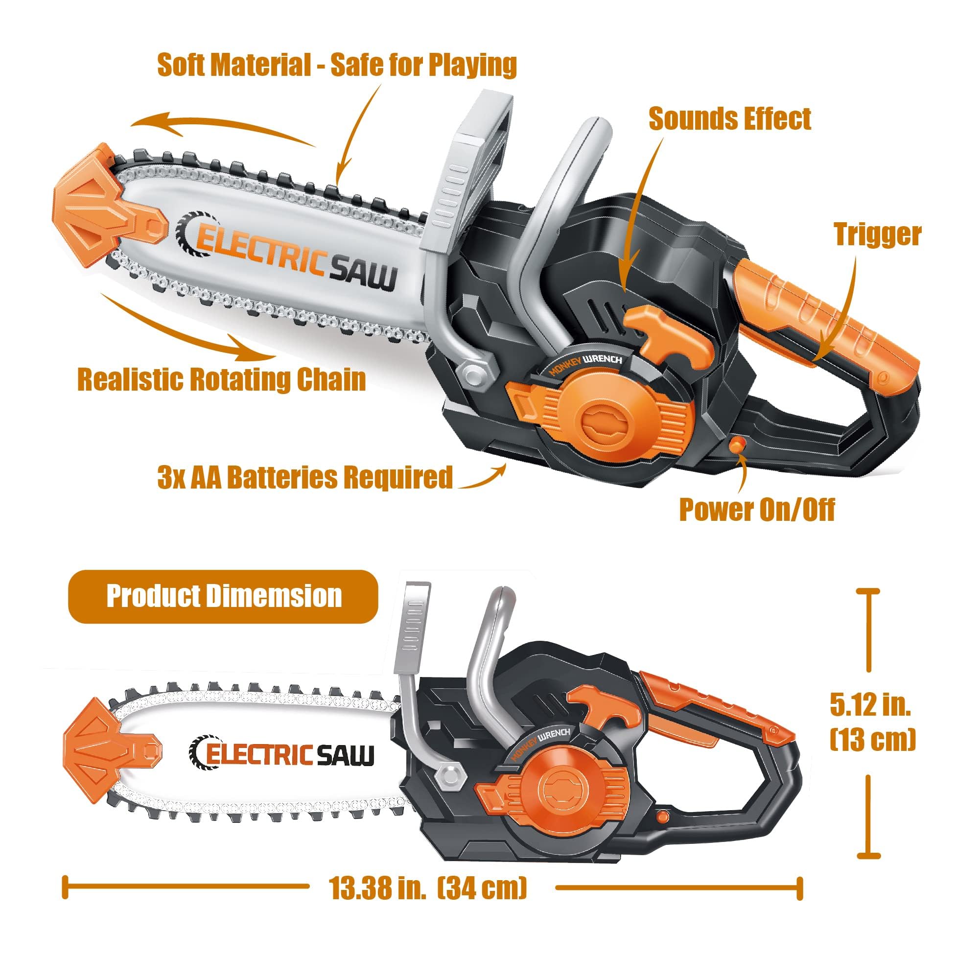 Pairez Toys Toy Chainsaw for Kids, 19PCS Pretend Play Tools Set, Toy Home Tools Kit, Electric Chain Saw with Realistic Sounds, Outdoor Gardening Toys, Birthday Gifts For Boys & Girls Age 3 4 5+