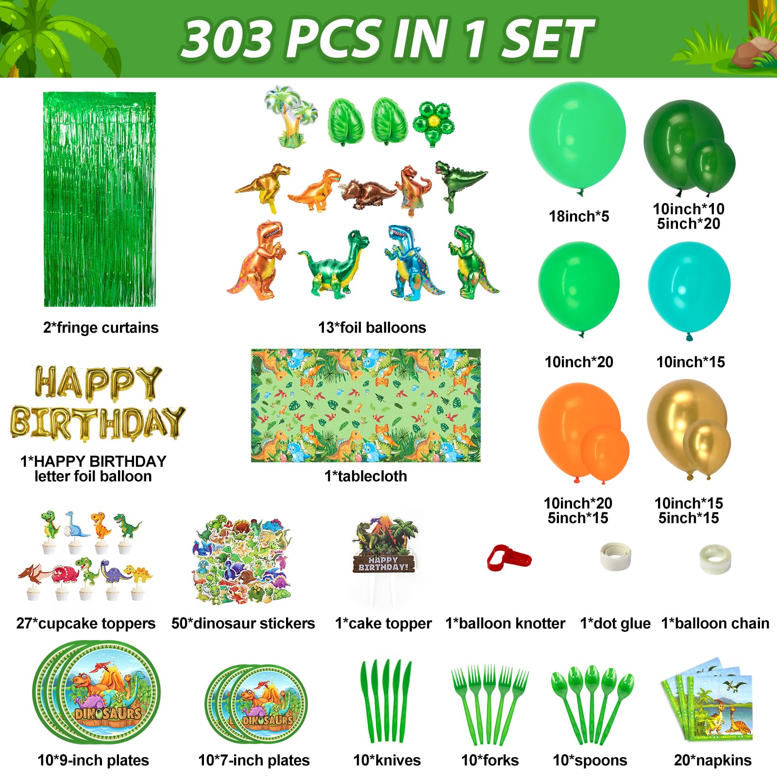 HJINGY Dinosaur Party Decorations, Dinosaur Birthday Party Supplies for kids Include Dinosaur Foil Balloons, HAPPY BIRTHDAY Banner, Cake Toppers, Plates, Napkins, Curtains&Customized Tablecloth