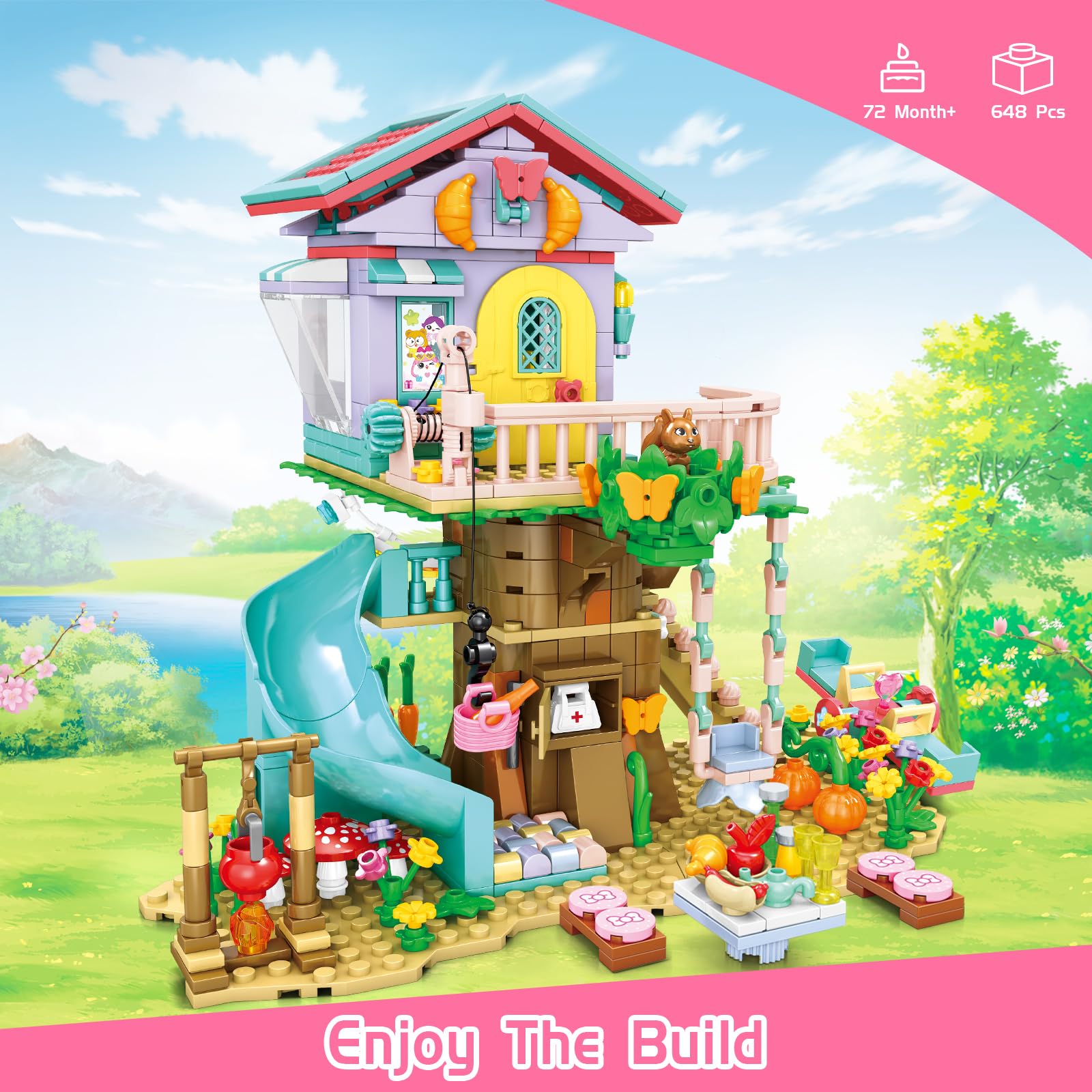 QLT Tree House Building Set with Light Kit - Compatible with Lego Flowers Friends Friendship Treehouse Building Kit, Creative Forest Toy with a House Construction Set Gift for Kids(648PCS)