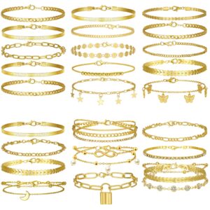 henoyso 25 pcs gold ankle bracelets for women gold cuban link chain anklets layered anklet adjustable anklet for women gift(delicate style)