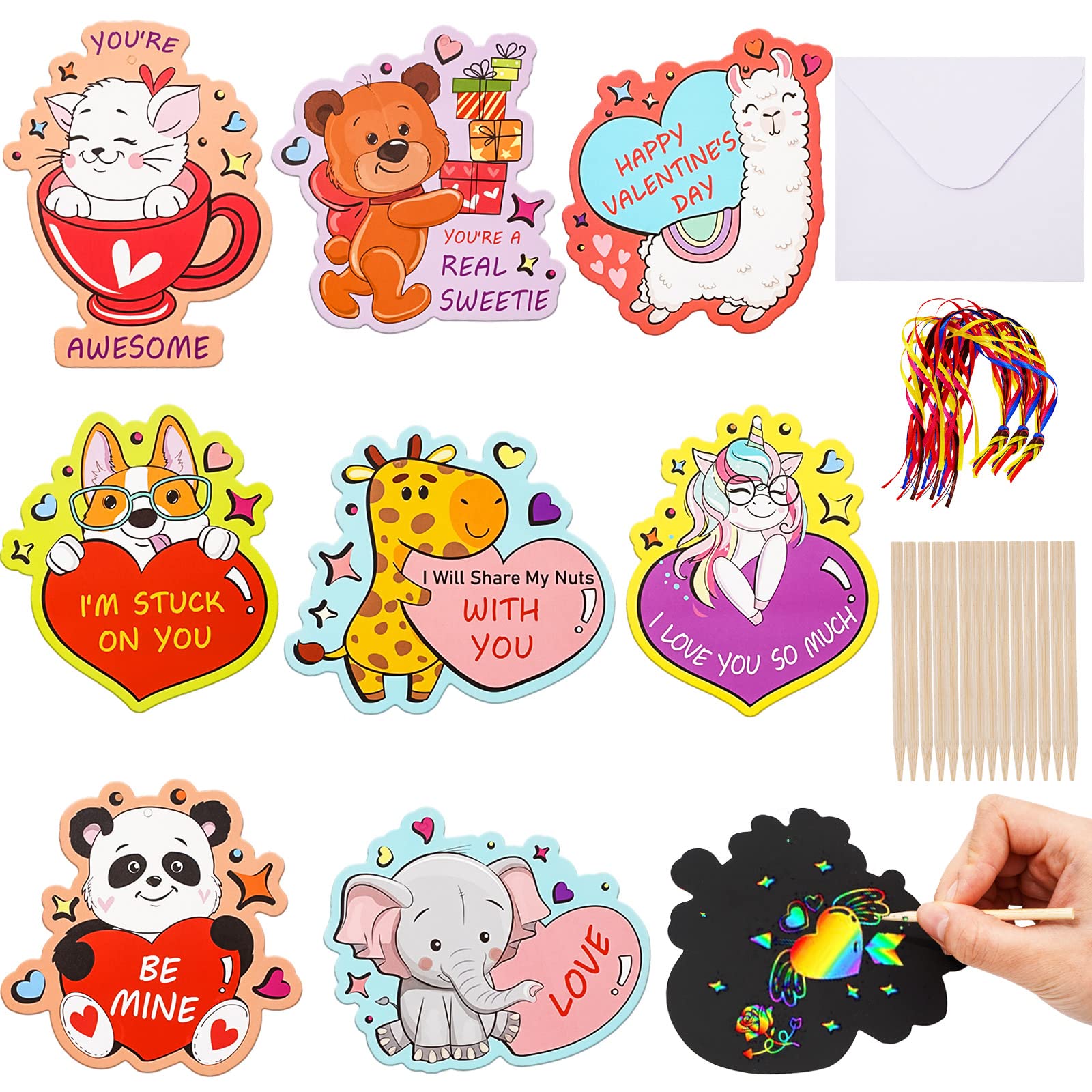 Whaline Valentine's Day Craft Scratch Paper Ornament Kit 48 Pack Cartoon Animal Art Rainbow Scratch Double-Sided Scratch Off Paper with Wooden Stylus Envelopes for Classroom Party Favor Decor