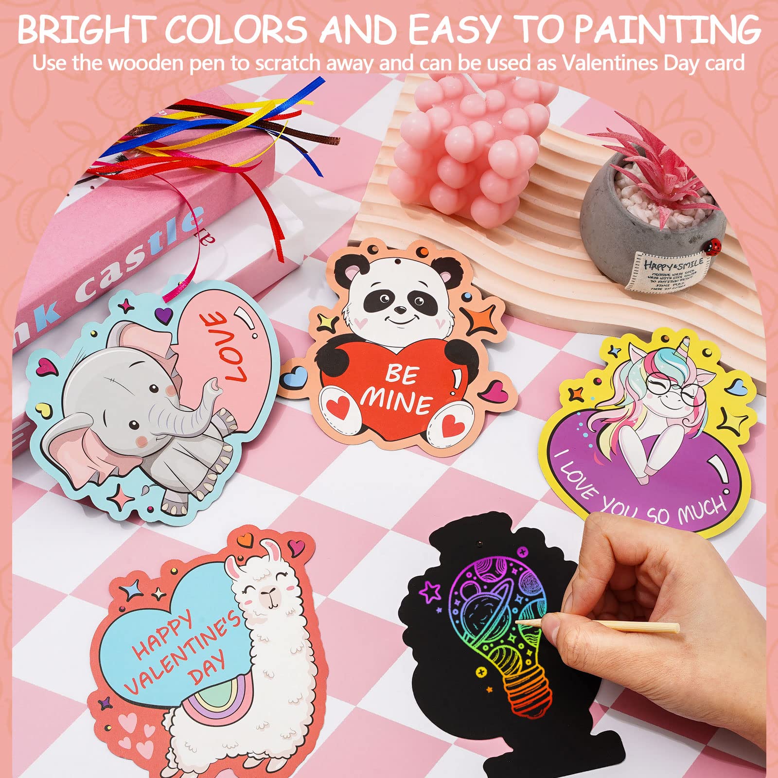 Whaline Valentine's Day Craft Scratch Paper Ornament Kit 48 Pack Cartoon Animal Art Rainbow Scratch Double-Sided Scratch Off Paper with Wooden Stylus Envelopes for Classroom Party Favor Decor