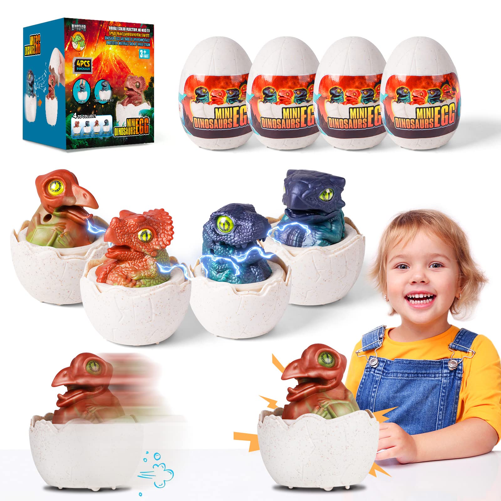 VATOS 4 Pack Dinosaur Easter Eggs, 3.85 Inch Tall Dinosaur Eggs with Sound and Light Pull-Back Cars Function, Easter Toys, Easter Basket Stuffers, Easter Gifts for Girls & Boys Dinosaur Enthusiasts