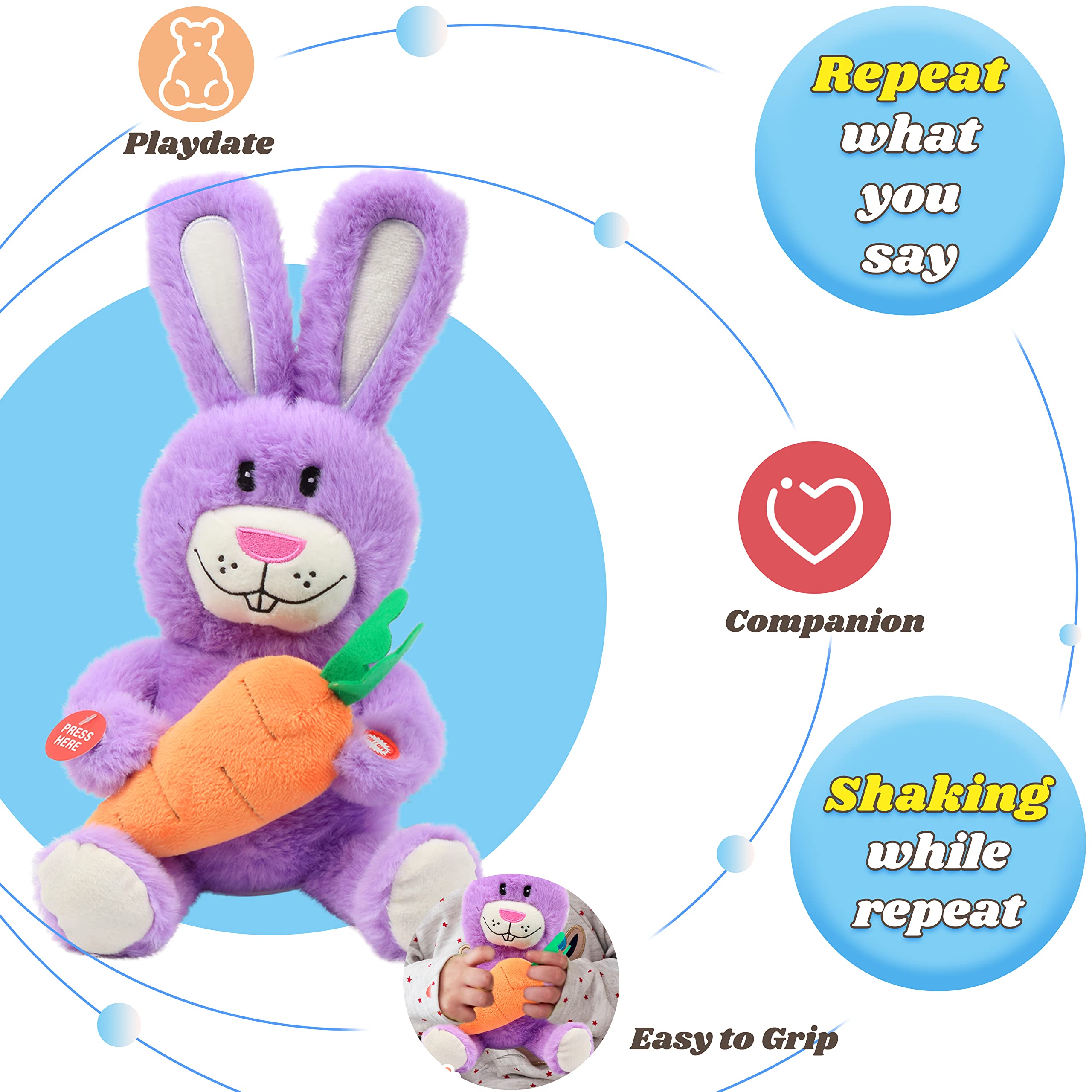 Hopearl Talking Singing Bunny Repeats What You Say Rabbit Musical Shaking Head Electric Interactive Animated Toy Speaking Plush Buddy Gifts for Toddlers, Purple, 15''