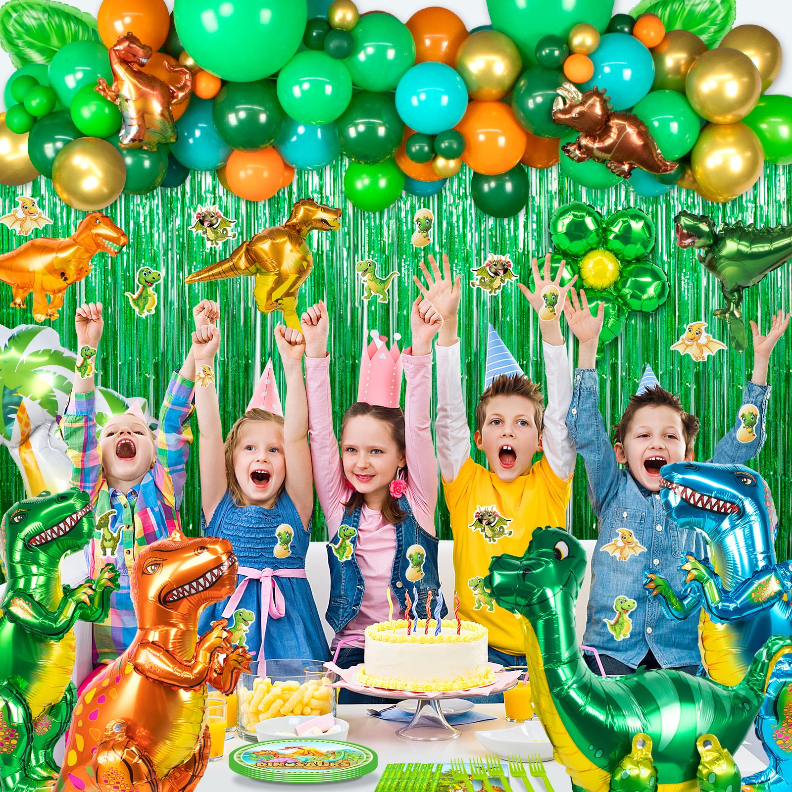 HJINGY Dinosaur Party Decorations, Dinosaur Birthday Party Supplies for kids Include Dinosaur Foil Balloons, HAPPY BIRTHDAY Banner, Cake Toppers, Plates, Napkins, Curtains&Customized Tablecloth