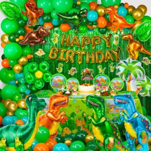 hjingy dinosaur party decorations, dinosaur birthday party supplies for kids include dinosaur foil balloons, happy birthday banner, cake toppers, plates, napkins, curtains&customized tablecloth