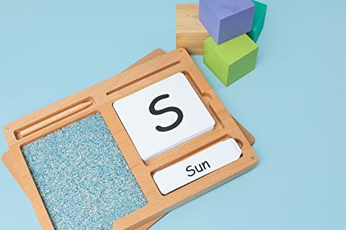 Montessori Sand Tray for Kids 3 4 5 6 Years Old Sand Writing Tray Learning Sensory Toy Educational Alphabet and Phonic Words Comes with Sand, Tray, Lid, 2 Sets of Flashcards, Stylus (Dark Blue)