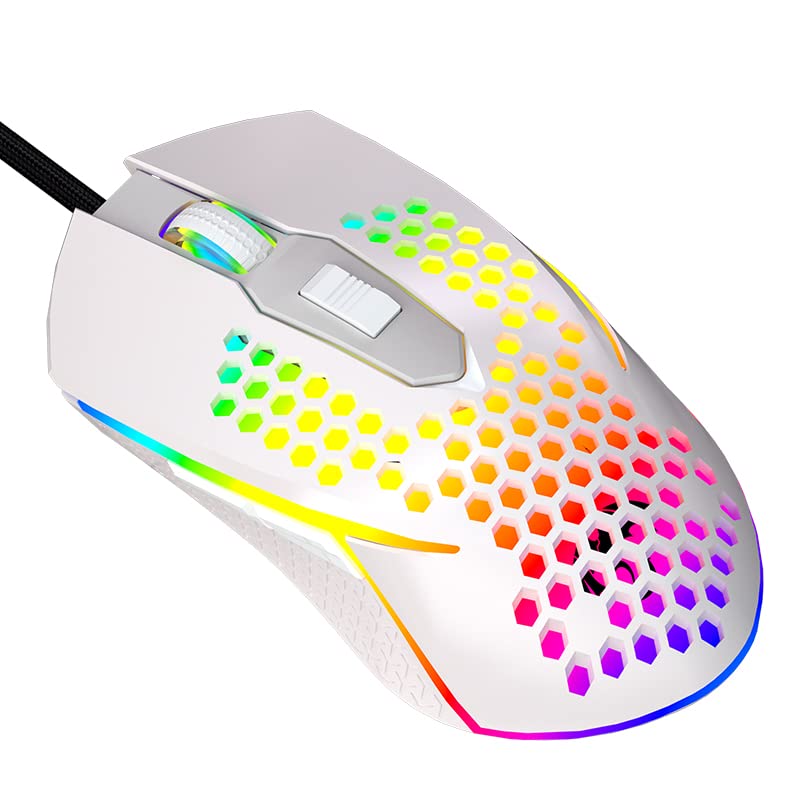 YOUCYYNB Circle Pit S50 RGB Gaming Mouse with Lightweight Honeycomb Shell, Adjusted 6400DPI, 6 Programmable Buttons (White)