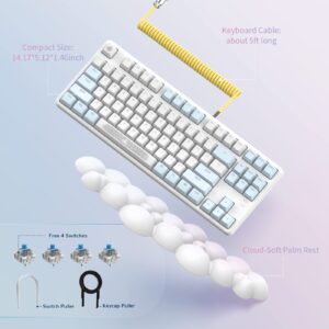 A.JAZZ AK873 Wired 87 Key TKL Mechanical Gaming Keyboard with Rainbow Backlit Hot-swap Tactile Blue Switch NKRO Gasket Ergonomic Cloud Wrist Rest Custom Coiled Aviator Cable for PC/Mac (Blue White)