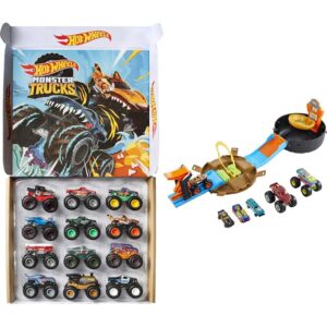 hot wheels monster trucks set of 12 (1:64 scale) + hot wheels monster trucks stunt tire playset (amazon exclusives)