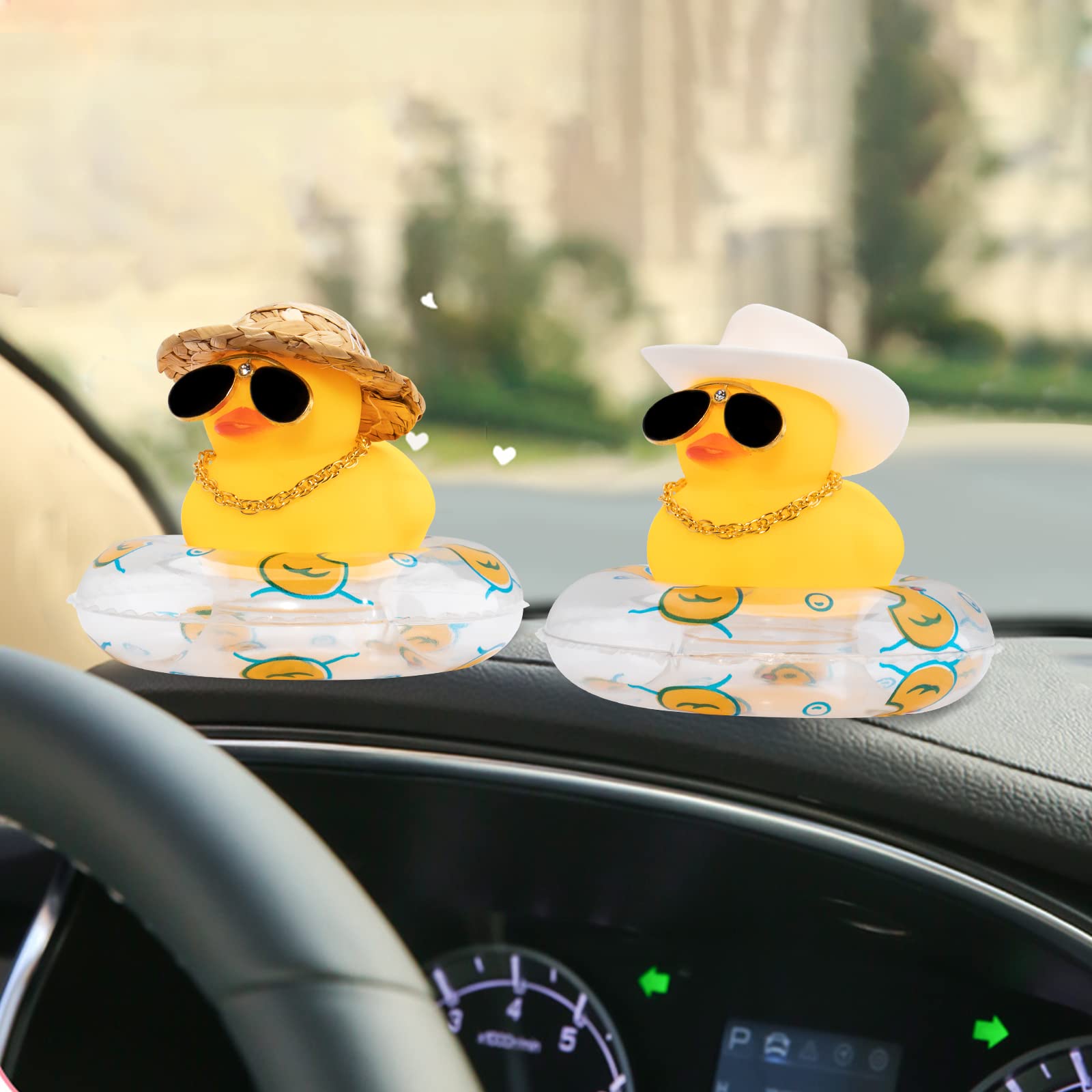 wonuu Swim Ring Rubber Ducks with Mini Diamond Glasses Hat Necklace for Cars Dashboard Decorations Car Accessories Toy Duck Car Ornament